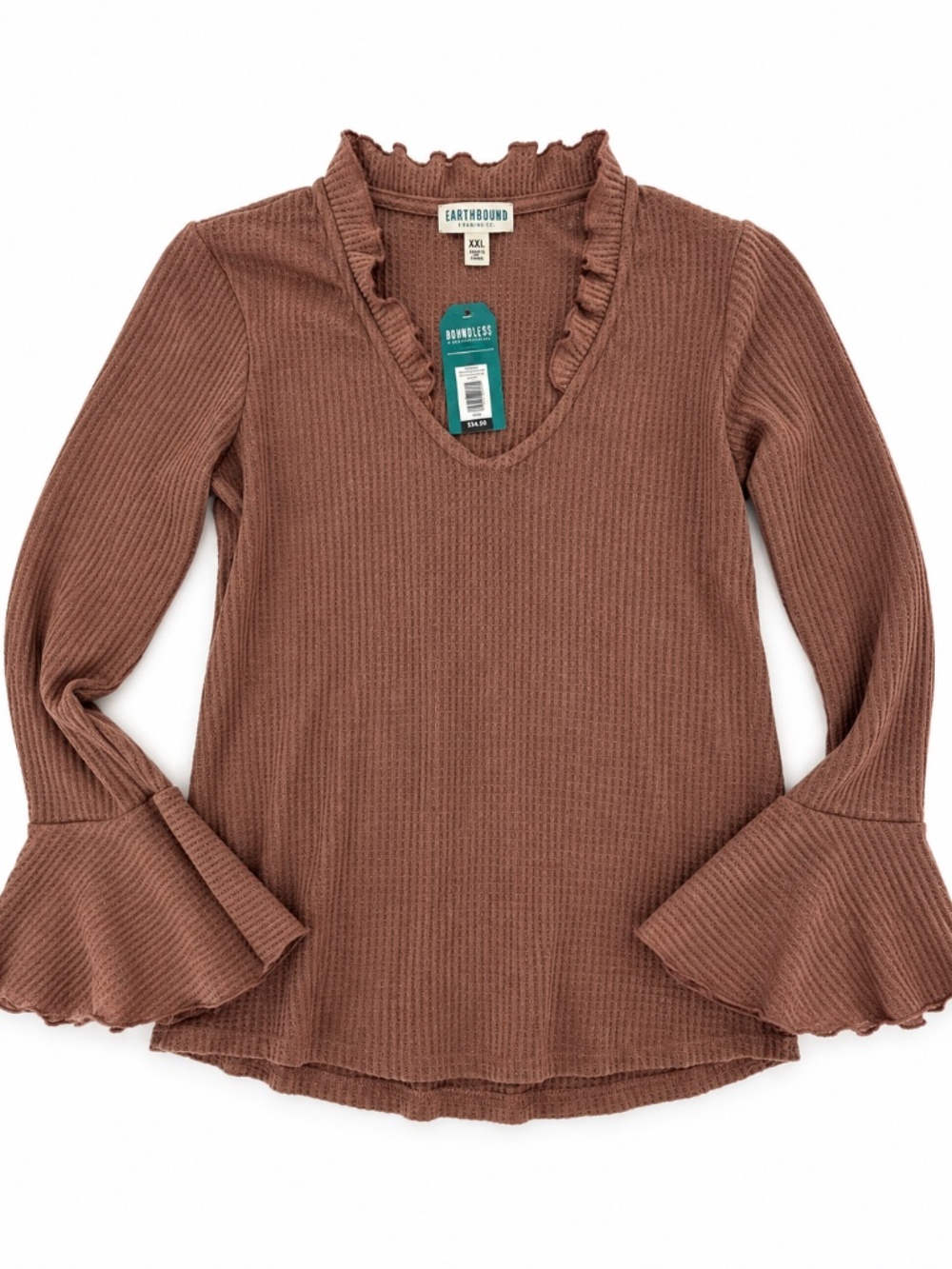 Earthbound Long Sleeve Ruffle Top in Brown Size XXL NWT
